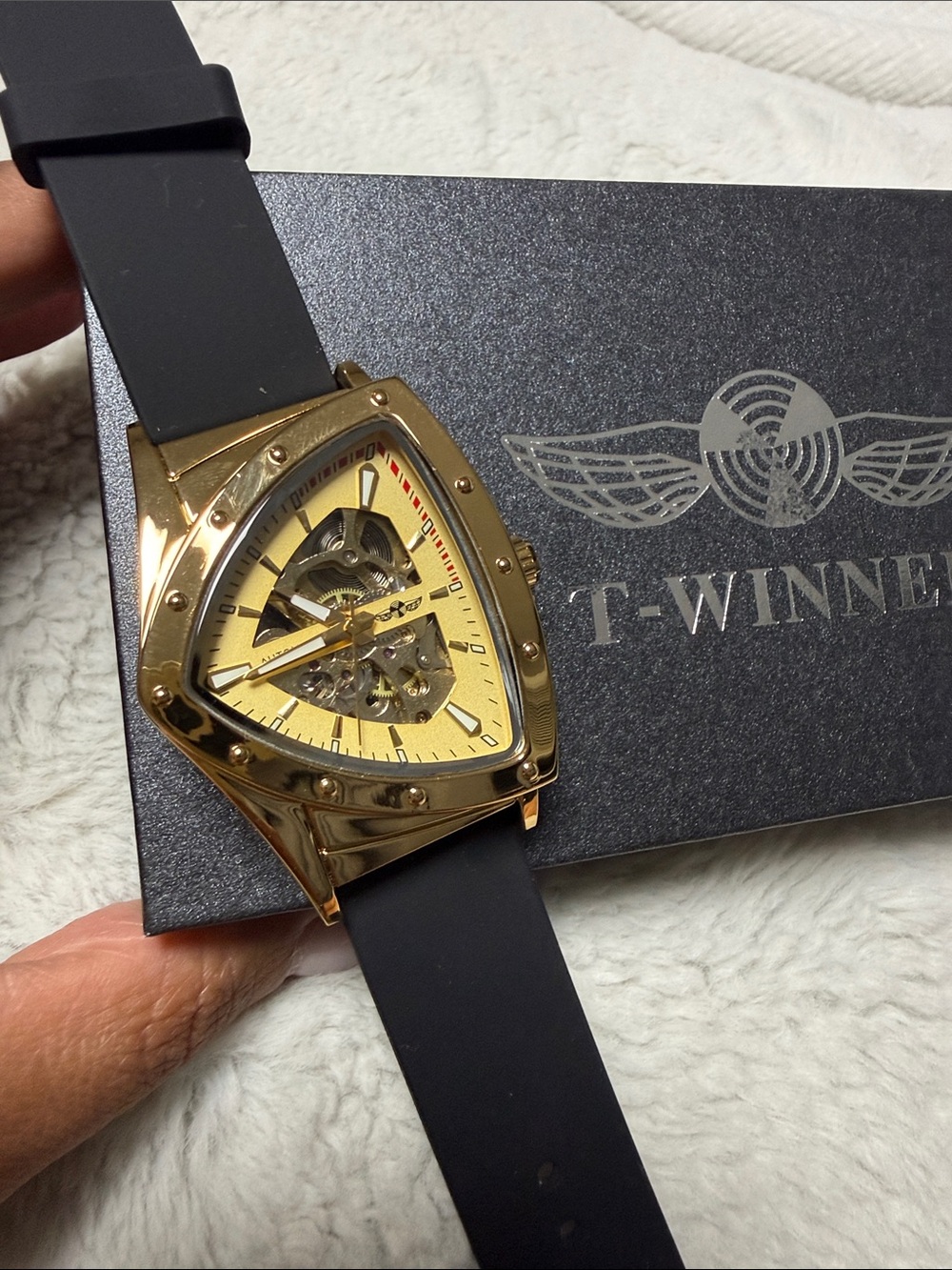 Men’s Gold Skeleton Triangle Watch with Black Strap